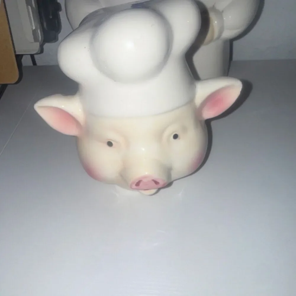 Vintage 1970 Ceramic Pig Chef Cookie Jar with Lid White Blue Pink 11 in